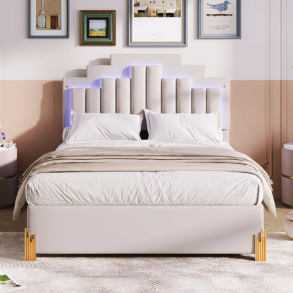 Neco Full Size Platform Bed with LED and 4 Drawers - Beige