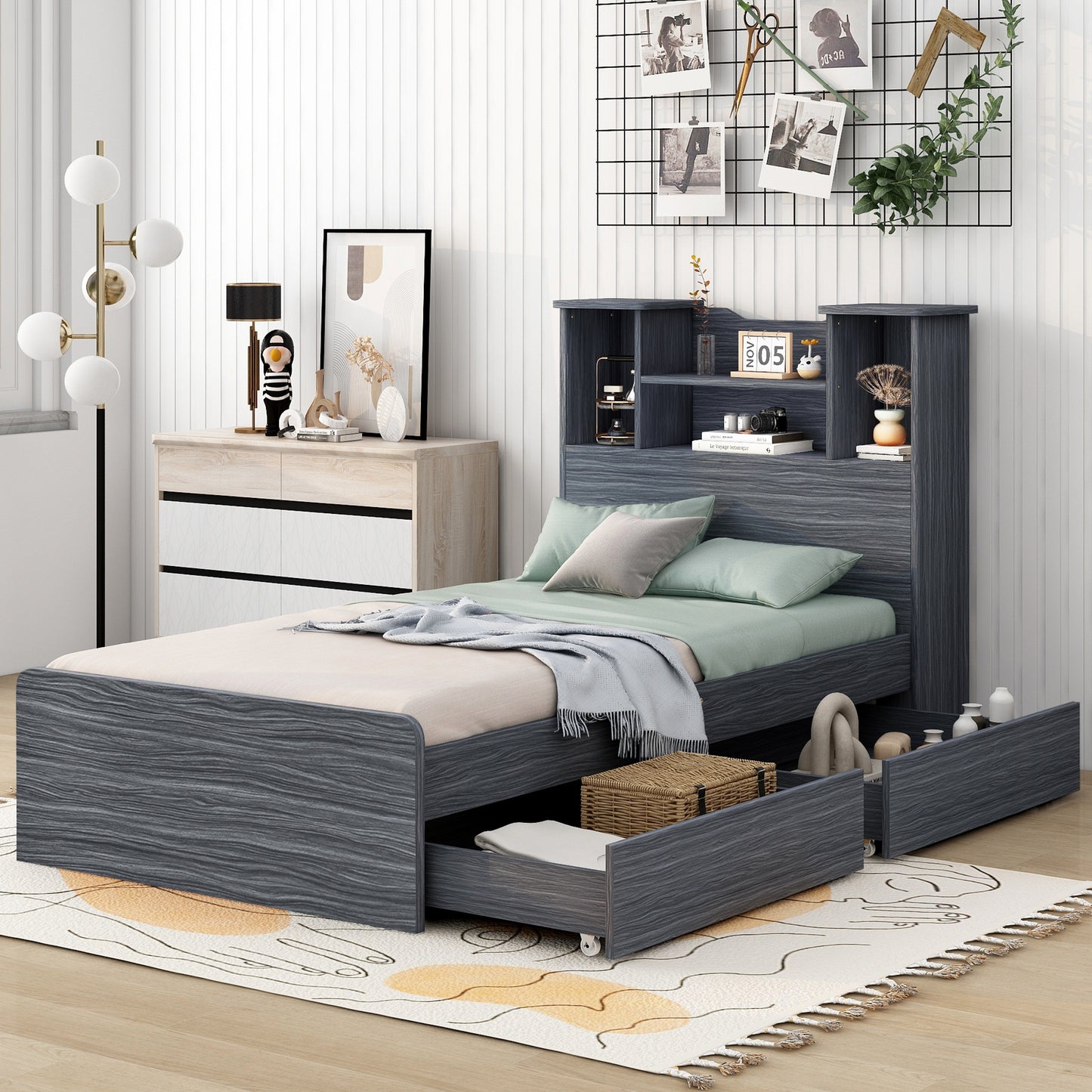 Taz Twin Size Platform Bed Frame with 4 Open Storage Shelves - Gray