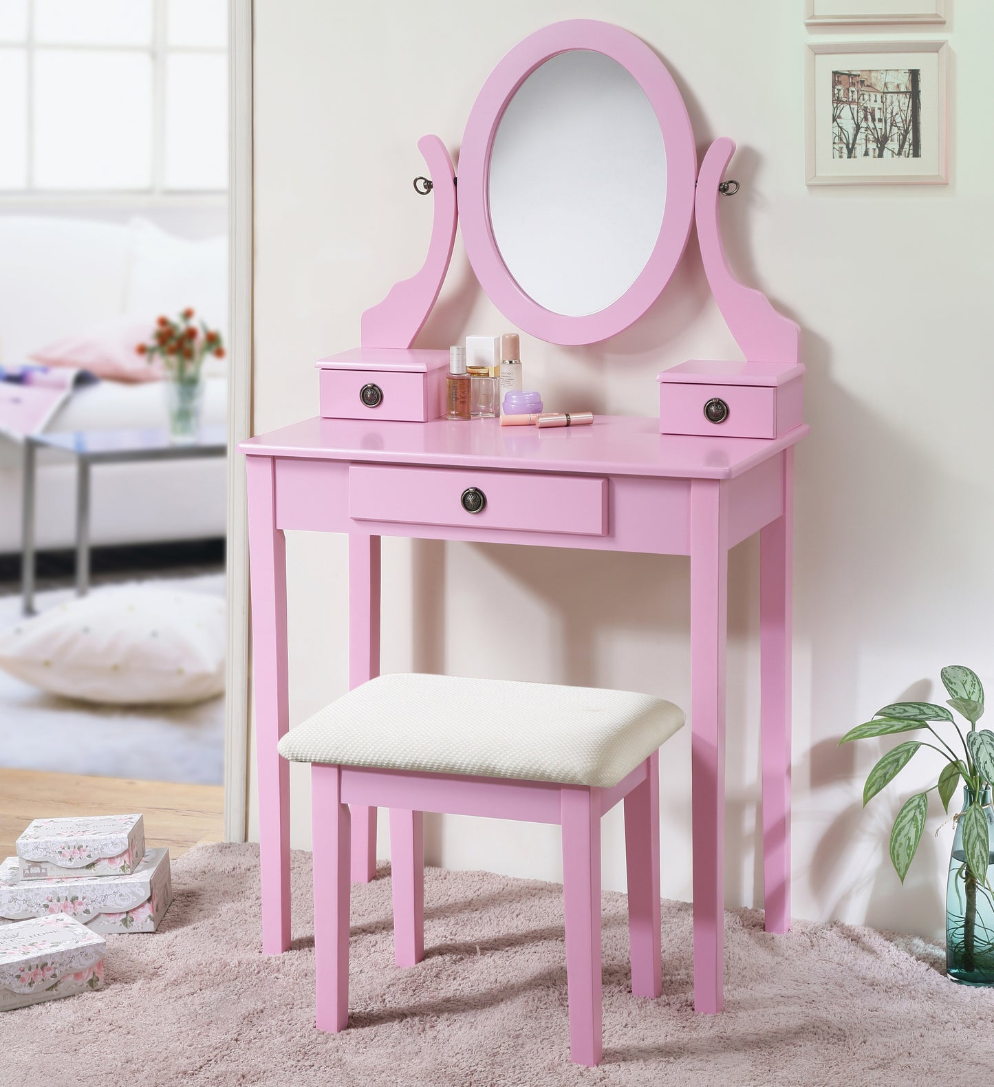 Moniya Makeup Vanity Table and Stool Set - Pink