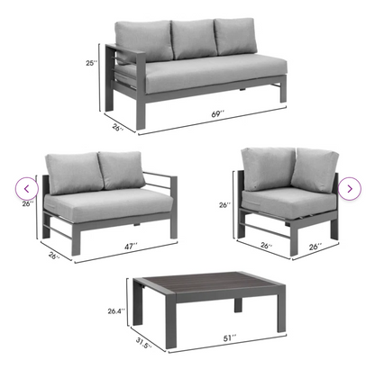 Baca 4 Pc Aluminum Frame Outdoor Sectional Sofa Set - Dark Grey