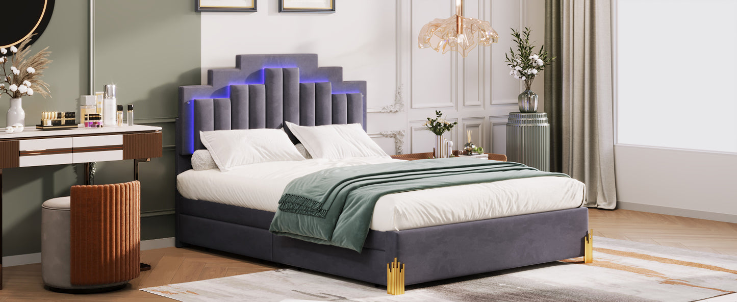 Neco Queen Size Platform Bed with LED and 4 Drawers - Gray