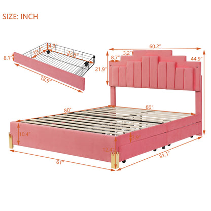 Neco Queen Size Platform Bed with LED and 4 Drawers - Pink