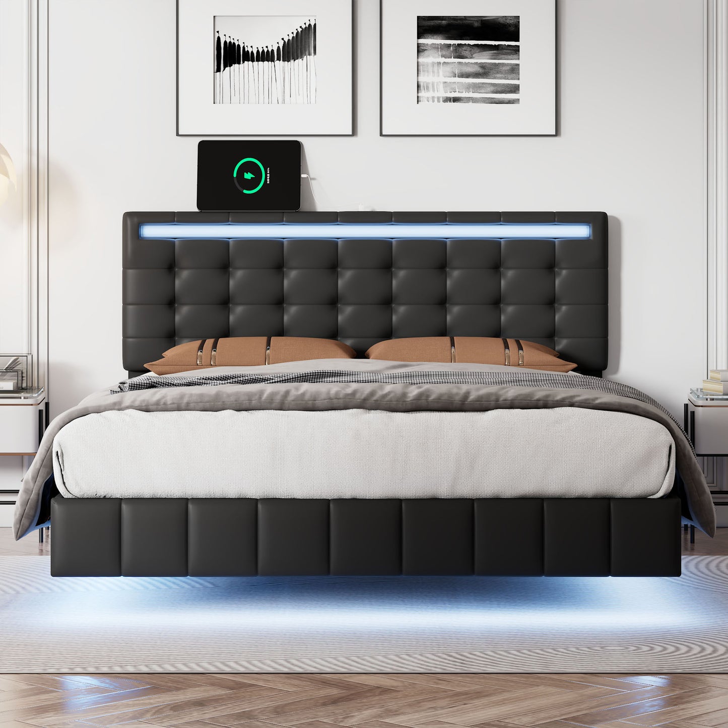 Marc Full Size Floating Bed Frame with LED - Black