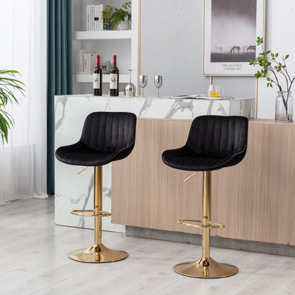 Stramline Adjustable Velvet + Golden Leg Bar Stool - Black Set of 2