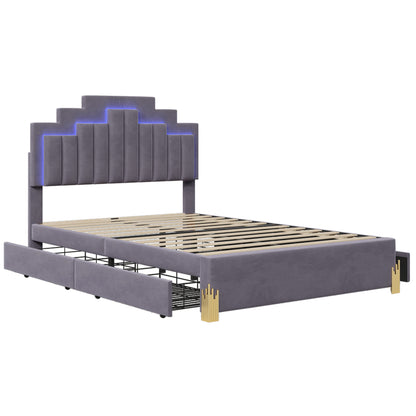 Neco Full Size Platform Bed with LED and 4 Drawers - Gray