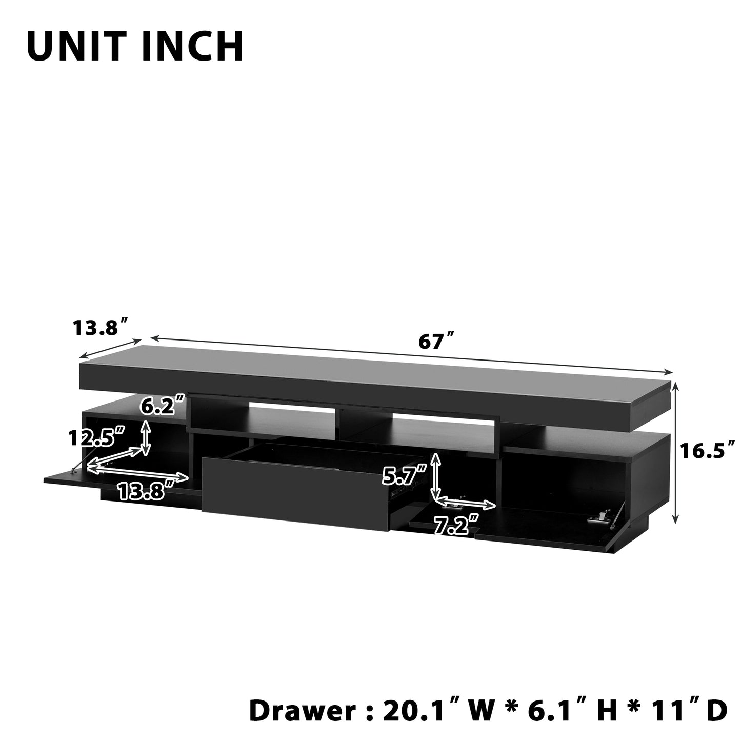 Seco High Gloss TV Stand Entertainment Center - Black