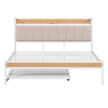 Quest Queen Size Metal Platform Bed Frame with Trundle - White