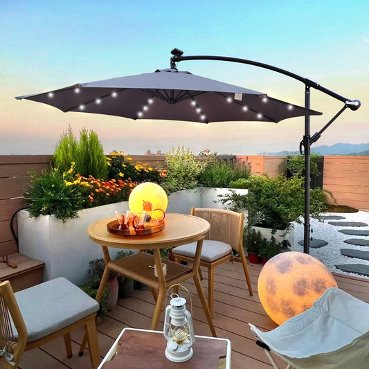 Alexa 10 ft Outdoor Umbrella Solar LED with Cross Base - Gray
