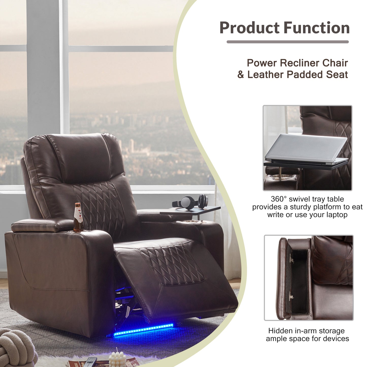 Nest Power Motion Recliner with  360° Swivel Tray - Brown