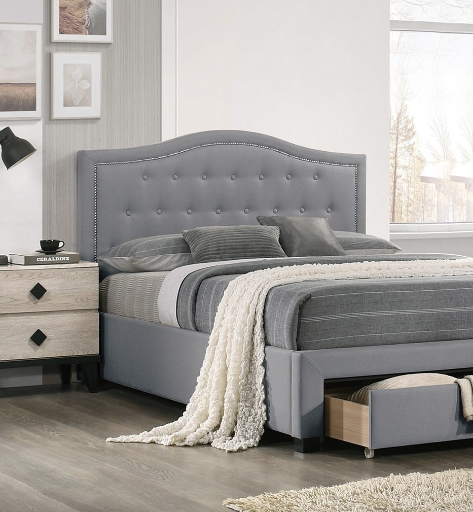 Imani Full Size Bed w Drawer Button Tufted - Light Grey