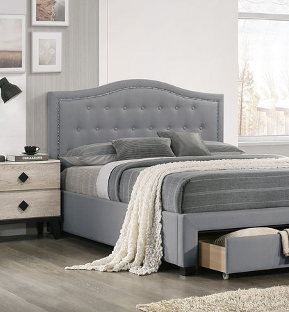 Imani Twin Size Bed w Drawer Button Tufted - Light Grey