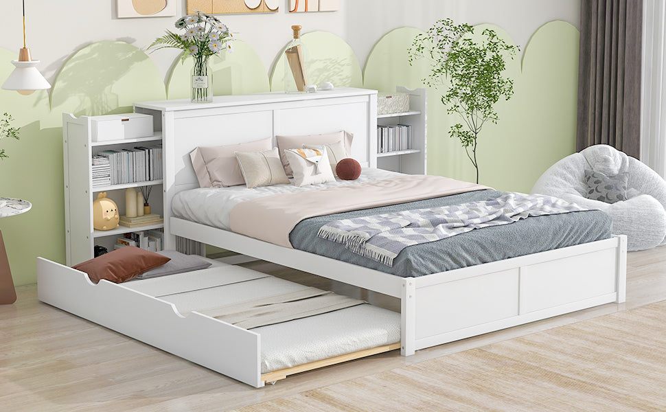 JR Queen Size Platform Bed w Pull Out Twin XL Size Trundle - White