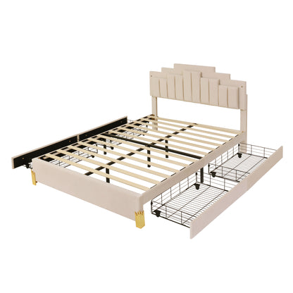 Neco Queen Size Platform Bed with LED and 4 Drawers - Beige