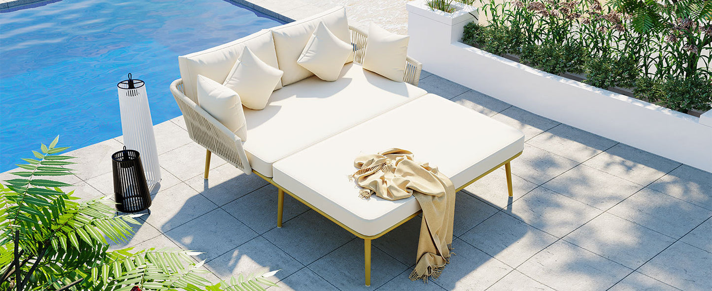 Easton Woven Nylon Rope Backrest Outdoor Patio Daybed - Beige+Gold