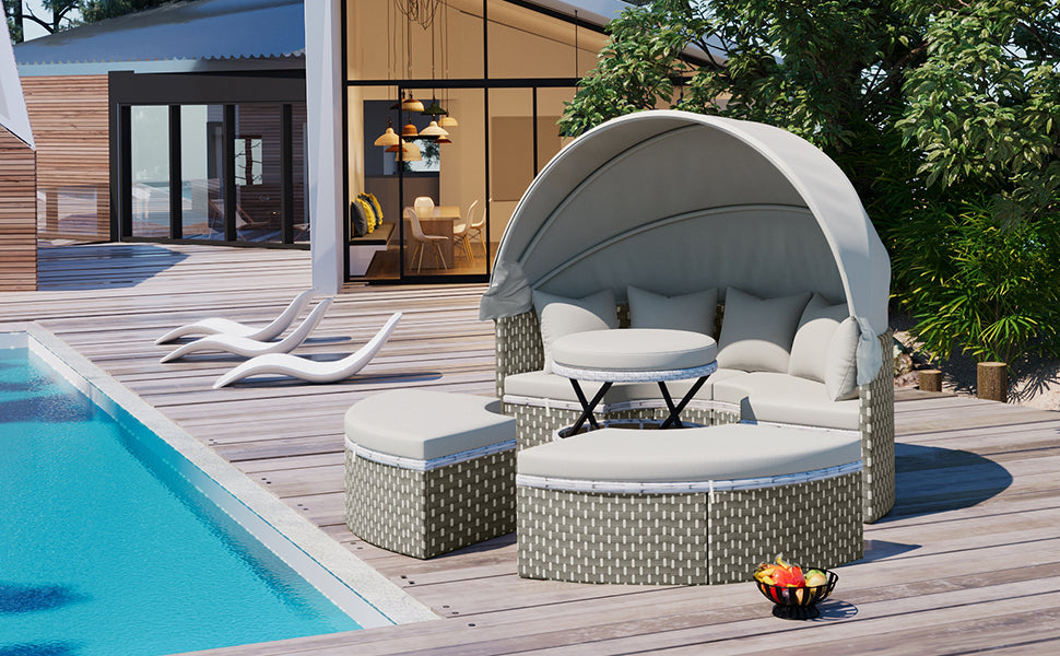 Malena 5 Pc Round Rattan Sectional Sofa Set with Retractable Canopy - Gray