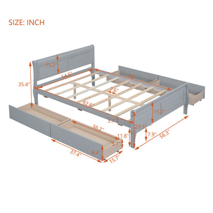 Meg Full Size Wood Platform Bed with 4 Drawers - Gray