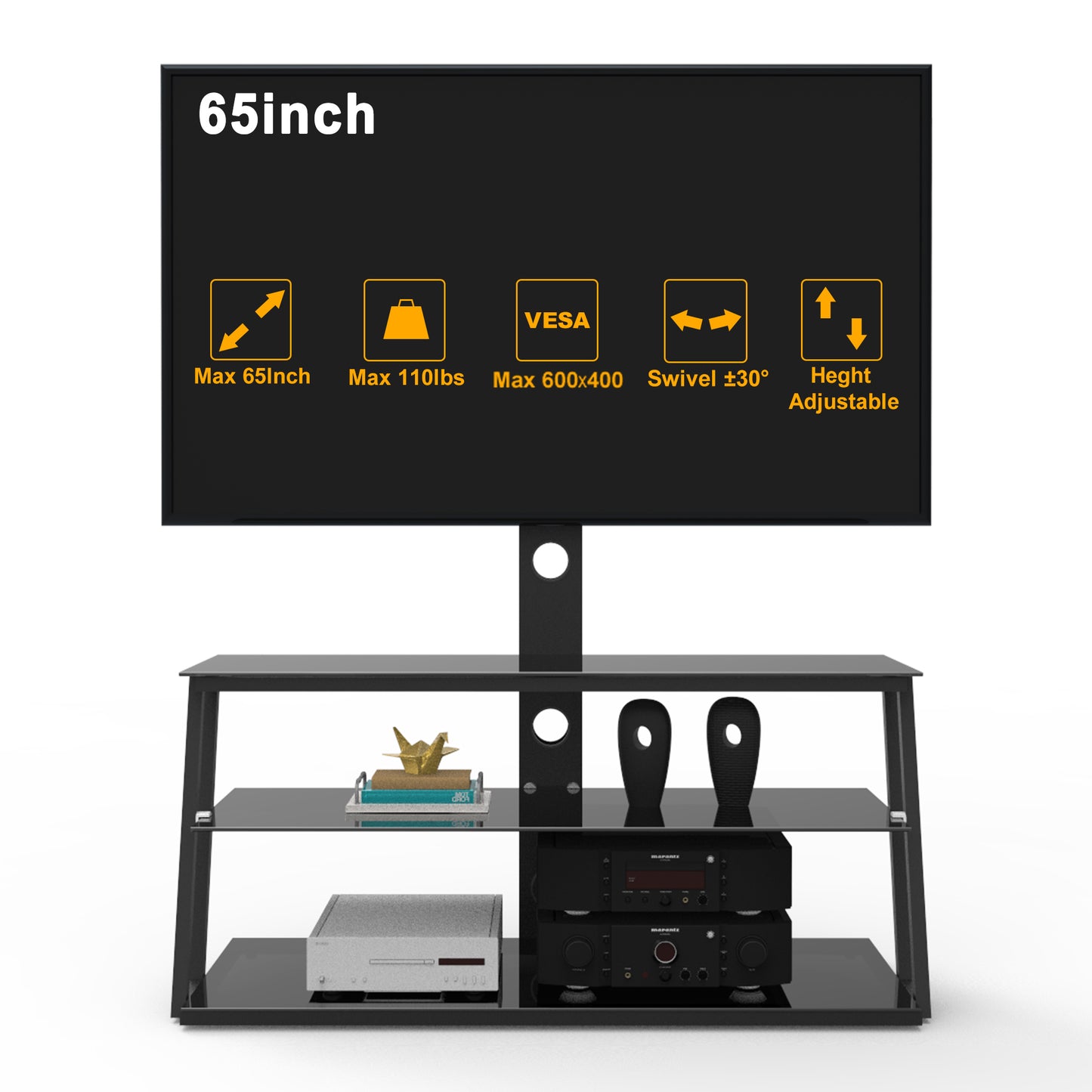 Echo Angle And Height Adjustable Tempered Glass TV Stand - Black