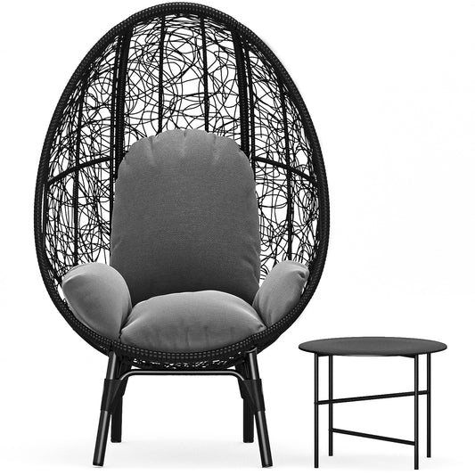 Lorean Patio PE Wicker Egg Chair and Side Table Model 3 - Black Rattan Gray Cushion