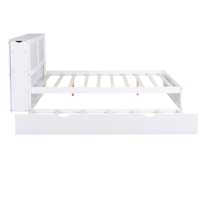 JR Queen Size Platform Bed w Pull Out Twin XL Size Trundle - White