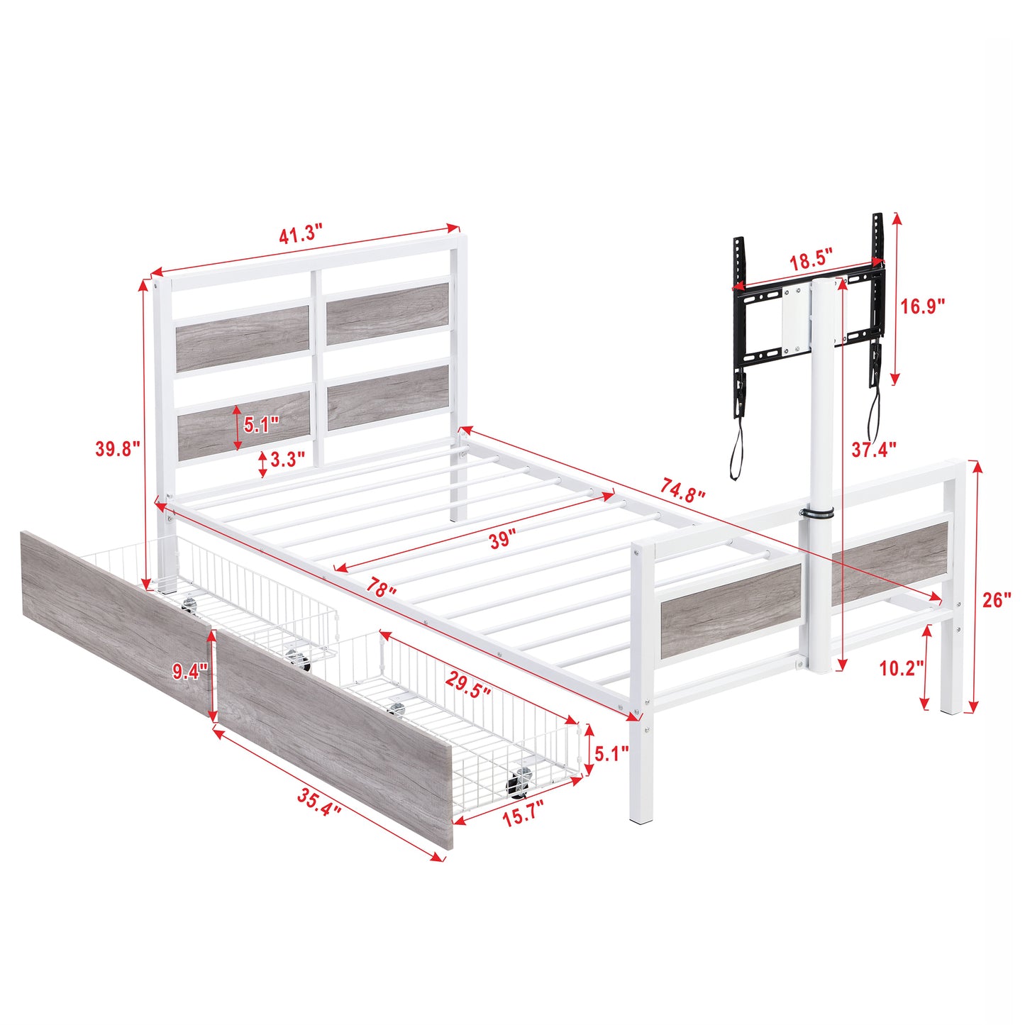 Rosy Twin Size Metal Platform Bed w Rotatable TV Stand - White