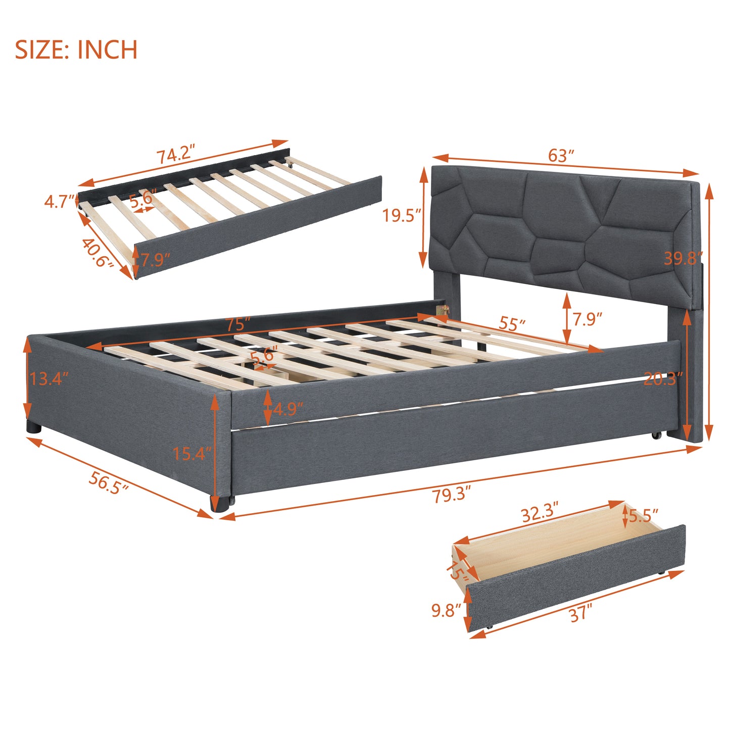 Brick Full Size Platform Bed with 2 drawers and Twin Size Trundle - Gray