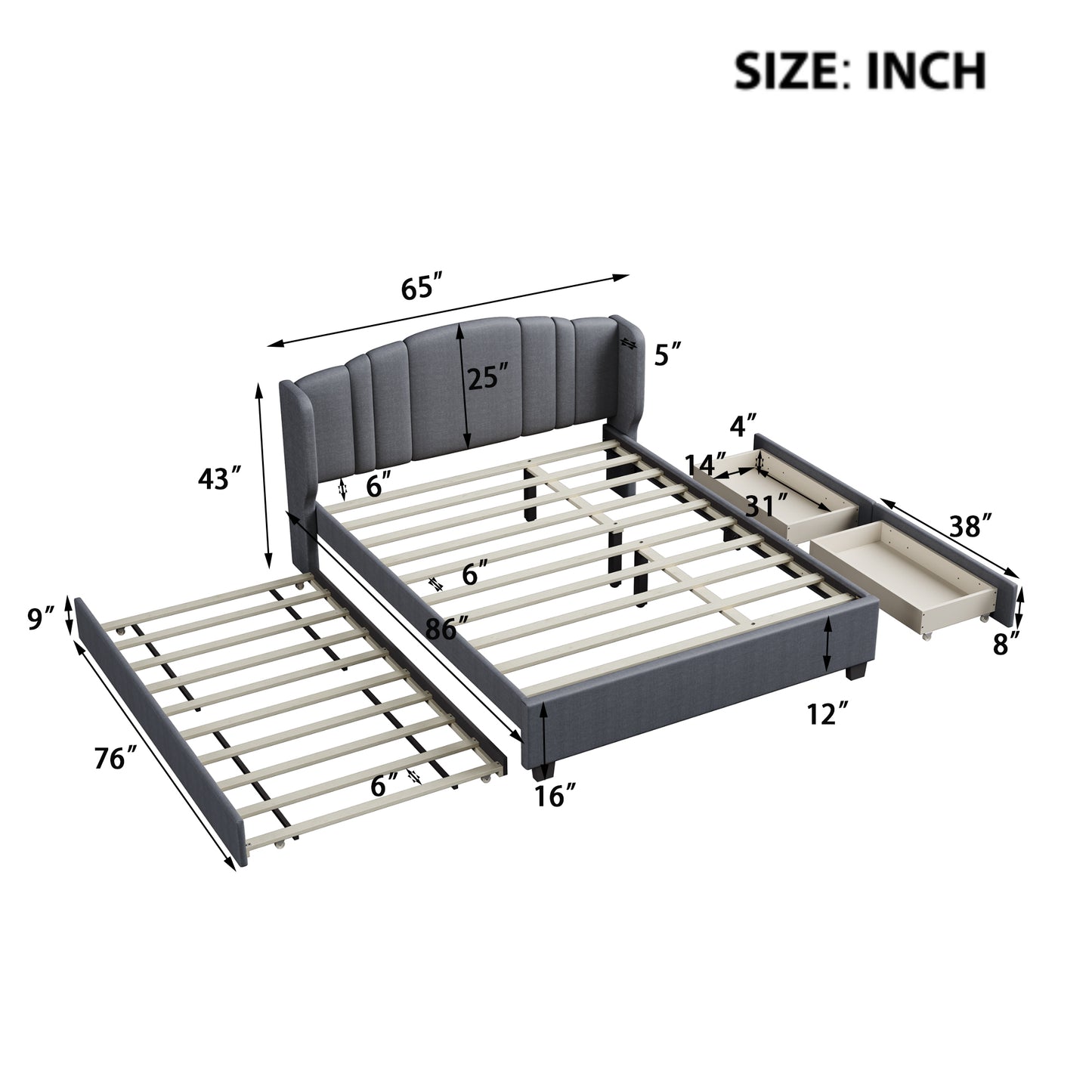 Mali Queen Size Platform Bed with Wingback Headboard - Gray