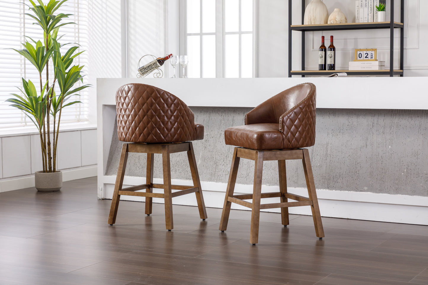 COOLMORE PU Leather Bar Stools - Brown Set of 2