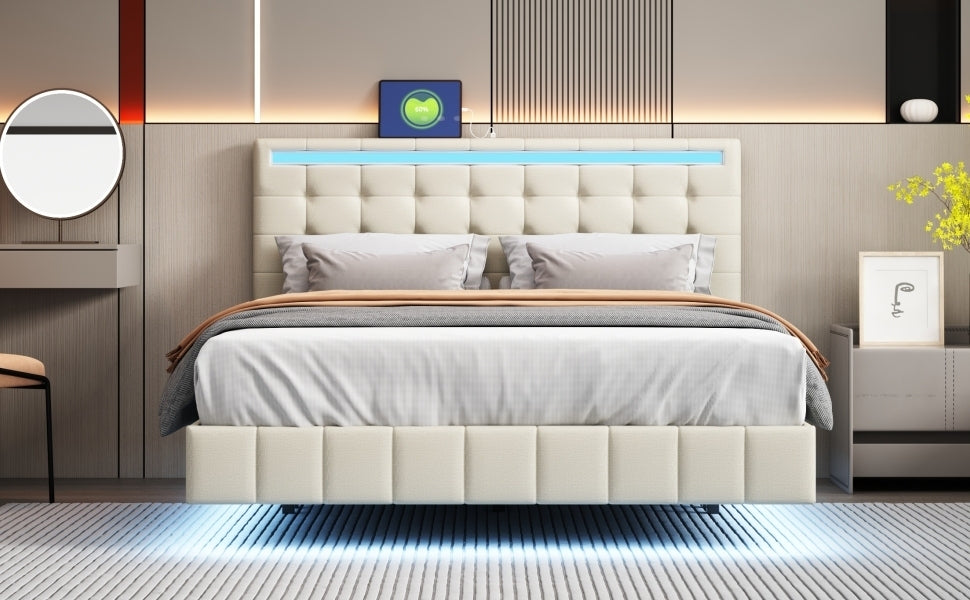 Marc Queen Size Floating Bed Frame with LED - Beige