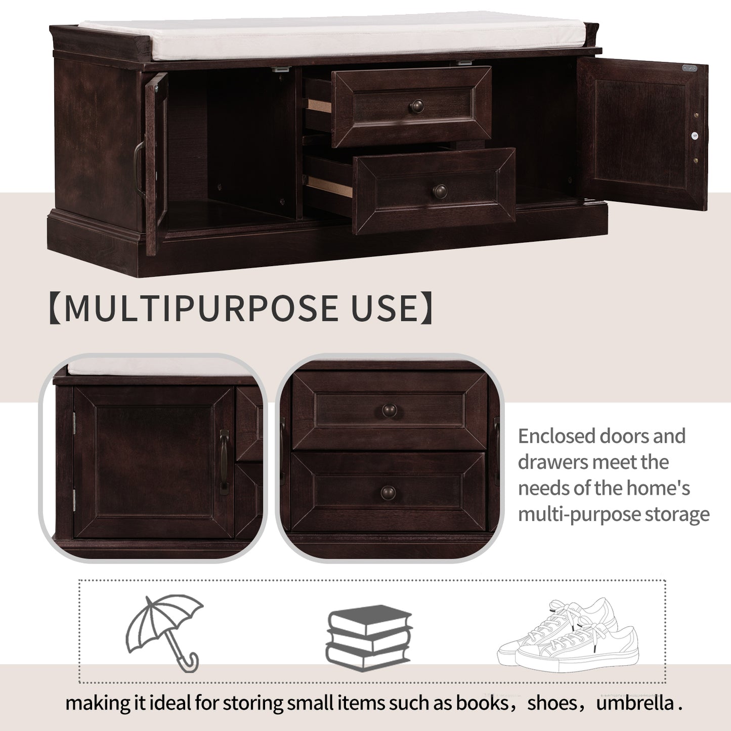 Stash Storage Bench with 2 Drawers and 2 Cabinets - Espresso