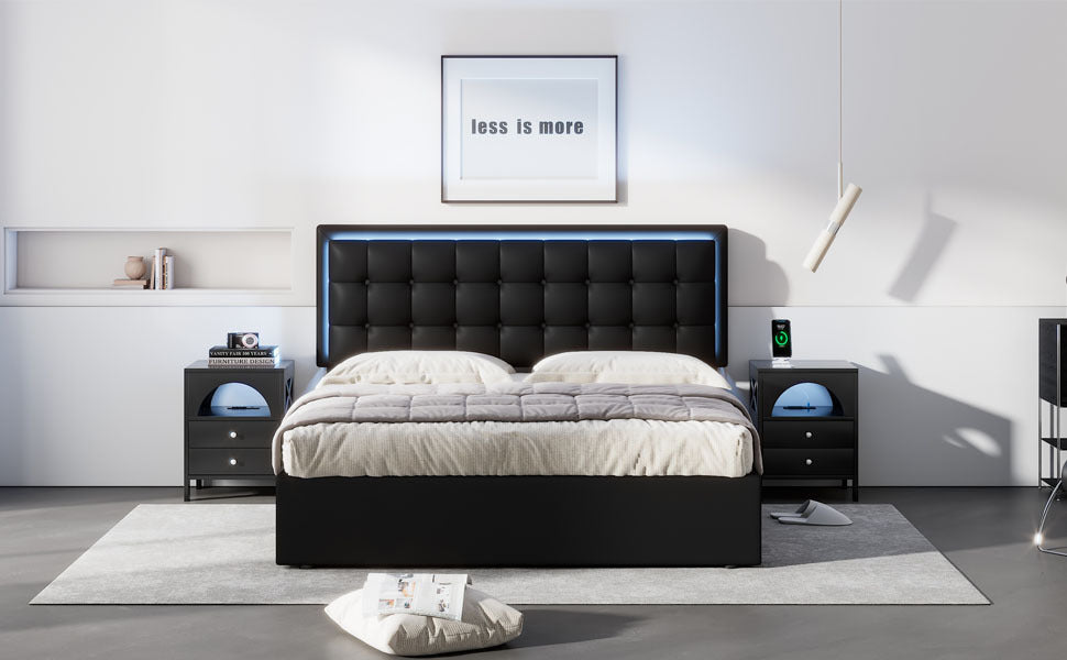 Fenix Queen Size Tufted Platform Bed w Hydraulic Storage -Black