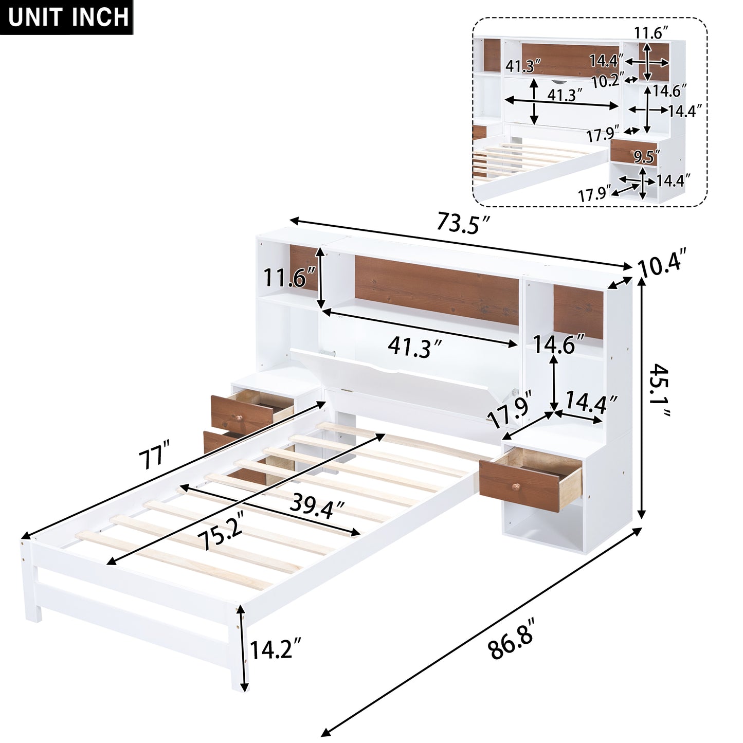 Jo Twin Size Platform Bed w Storage Headboard and Drawers - White