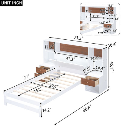 Jo Twin Size Platform Bed w Storage Headboard and Drawers - White