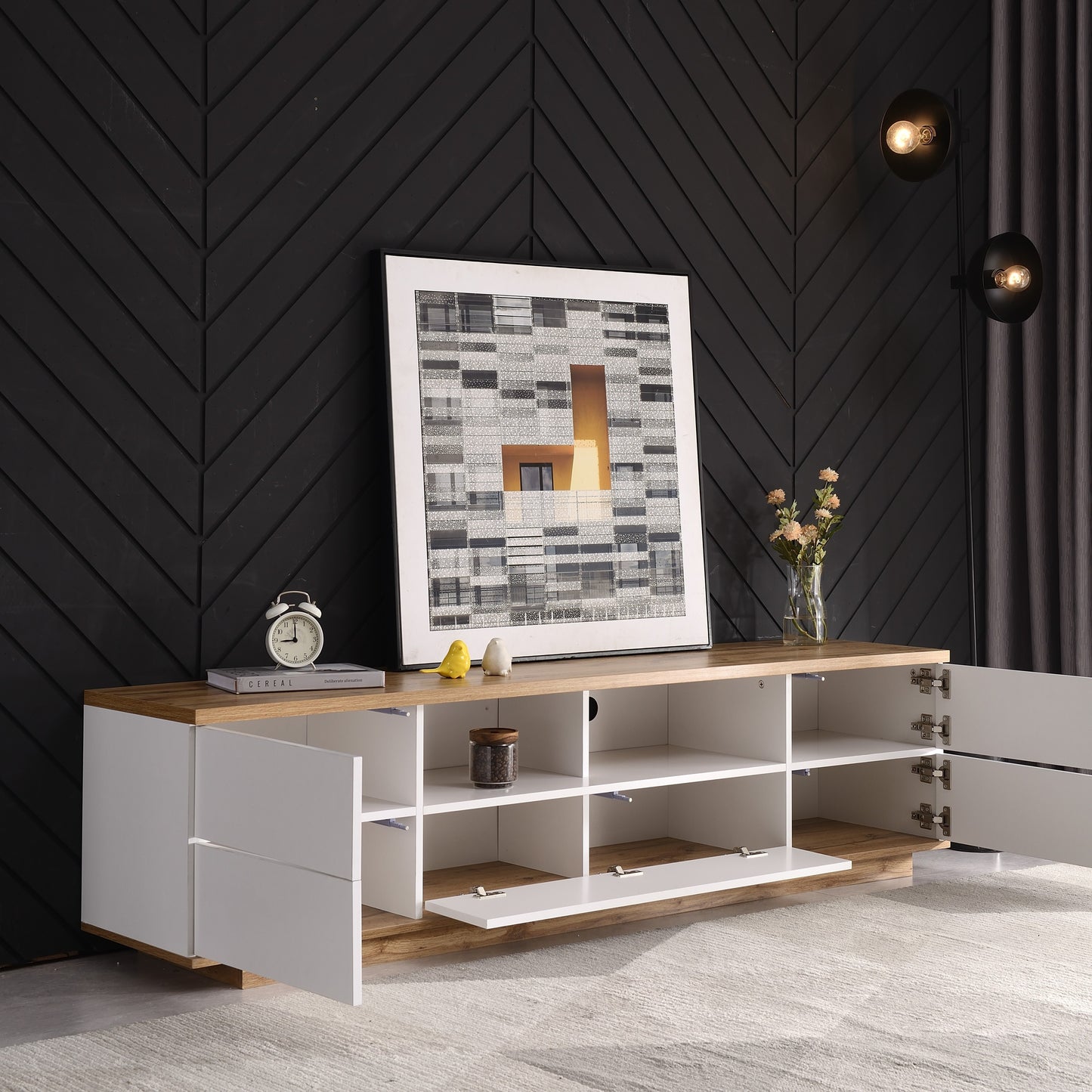 Dena Modern TV stand with Door Rebound Device - White+Natural