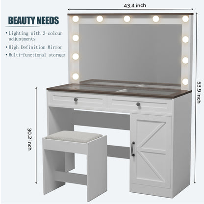 Chaya II Makeup Vanity Table With Large Mirror and 11 LED Light - White