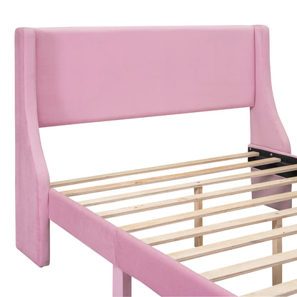 Renni Full Size Velvet Platform Bed Frame with Drawer - Pink