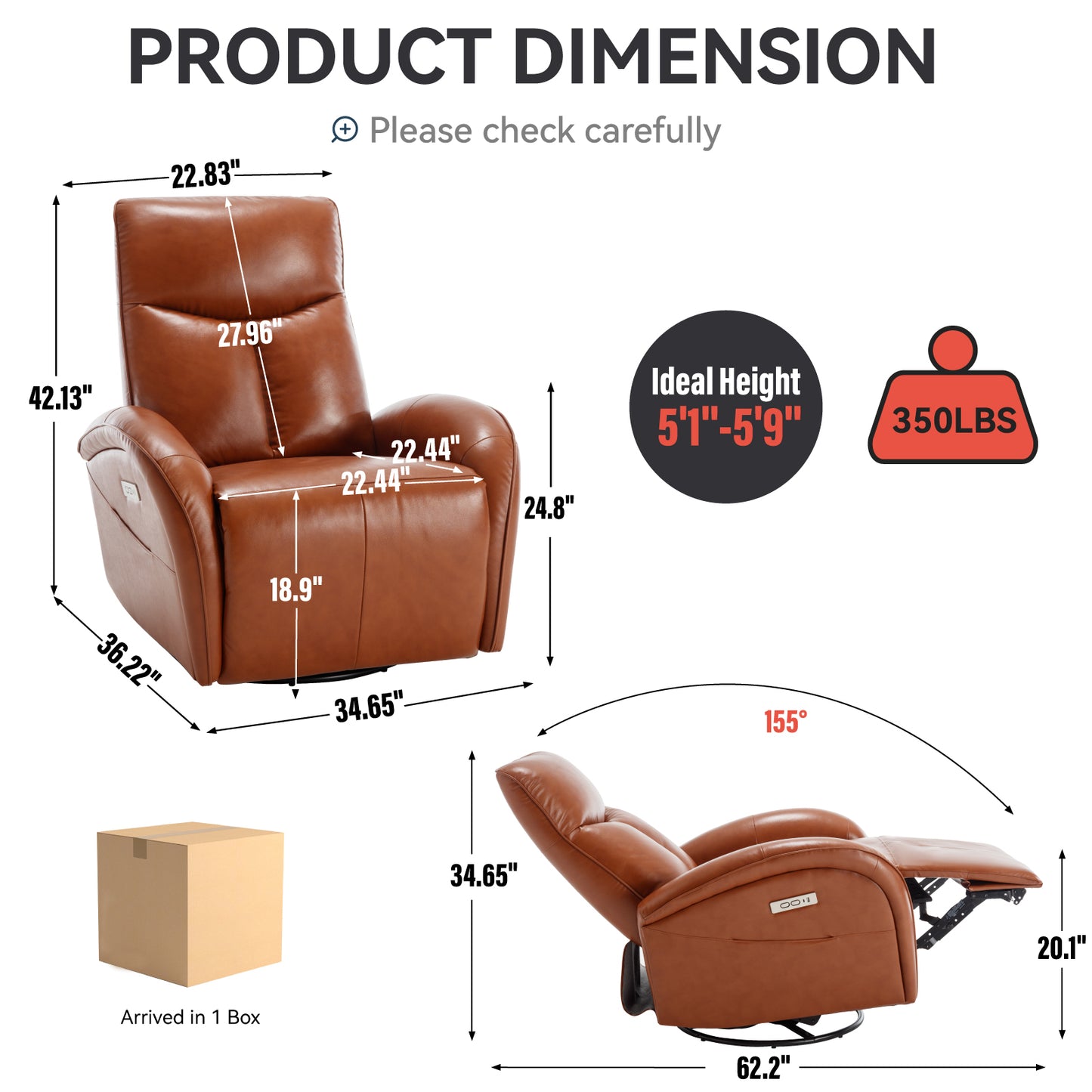 Vince Swivel and Rocker Power Recliner Chair - Brown