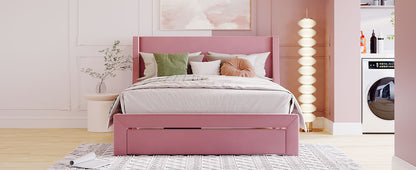 Renni Queen Size Velvet Platform Bed Frame with Drawer - Pink