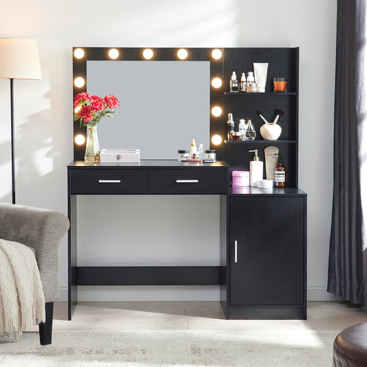 Melanie Vanity Desk with Mirror and Lights - Black