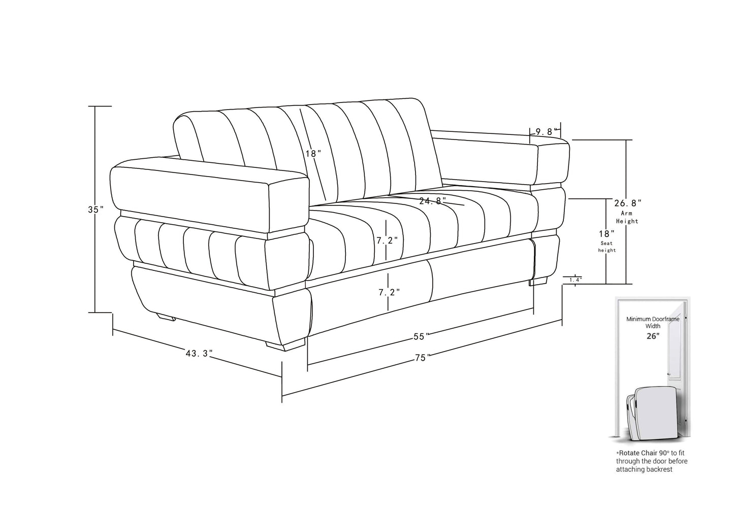 Meza Top Grain Italian Leather  Loveseat - White