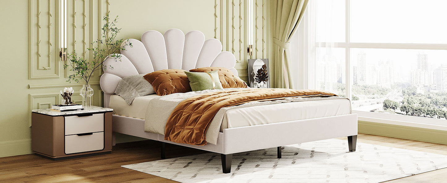 Floral Bliss Queen Size Velvet Platform Bed Frame - Beige