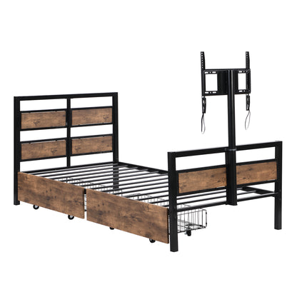 Rosy Twin Size Metal Platform Bed w Rotatable TV Stand - Black