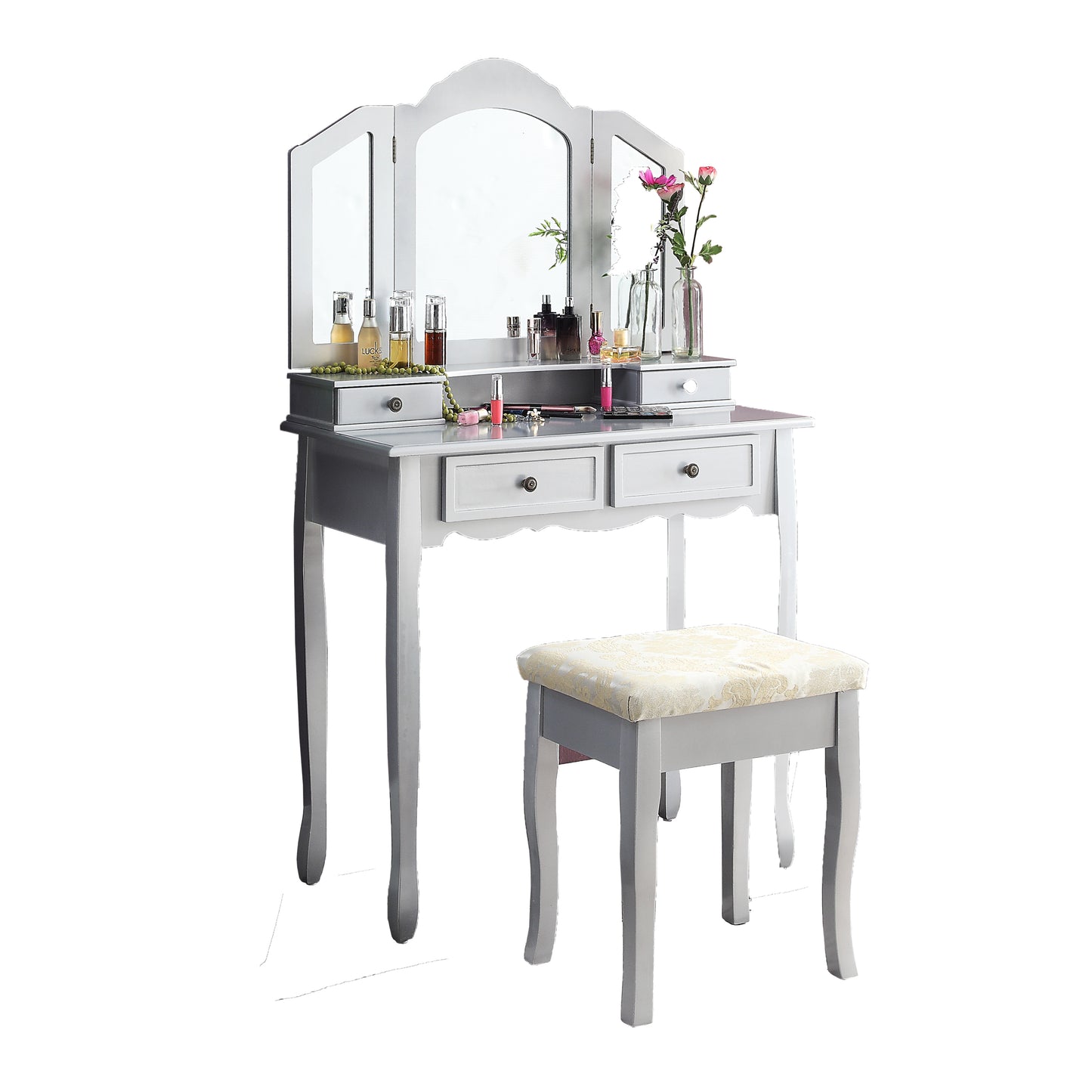 Sanlo Wooden Vanity Make Up Table and Stool Set - Silver