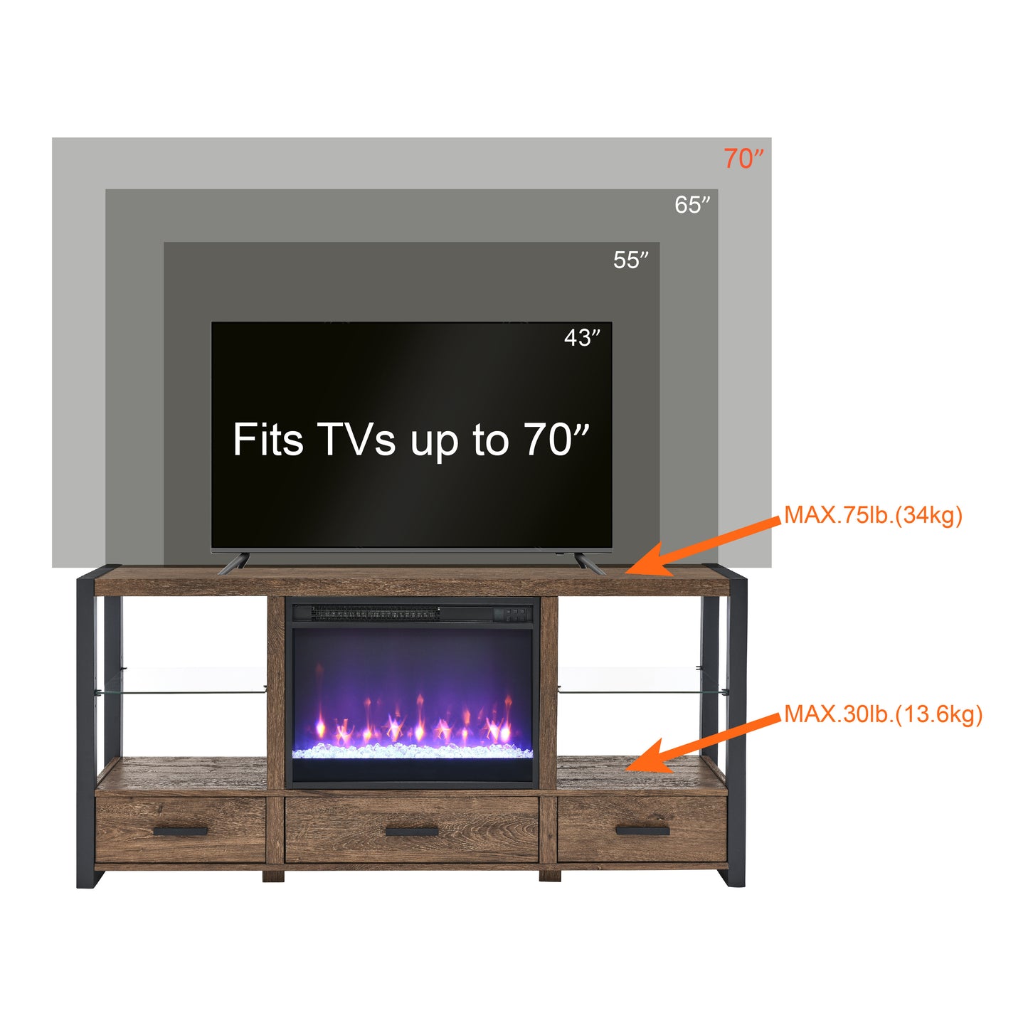 Electric Fireplace MediaTV Stand with Colorful LED Lights - Barn Wood