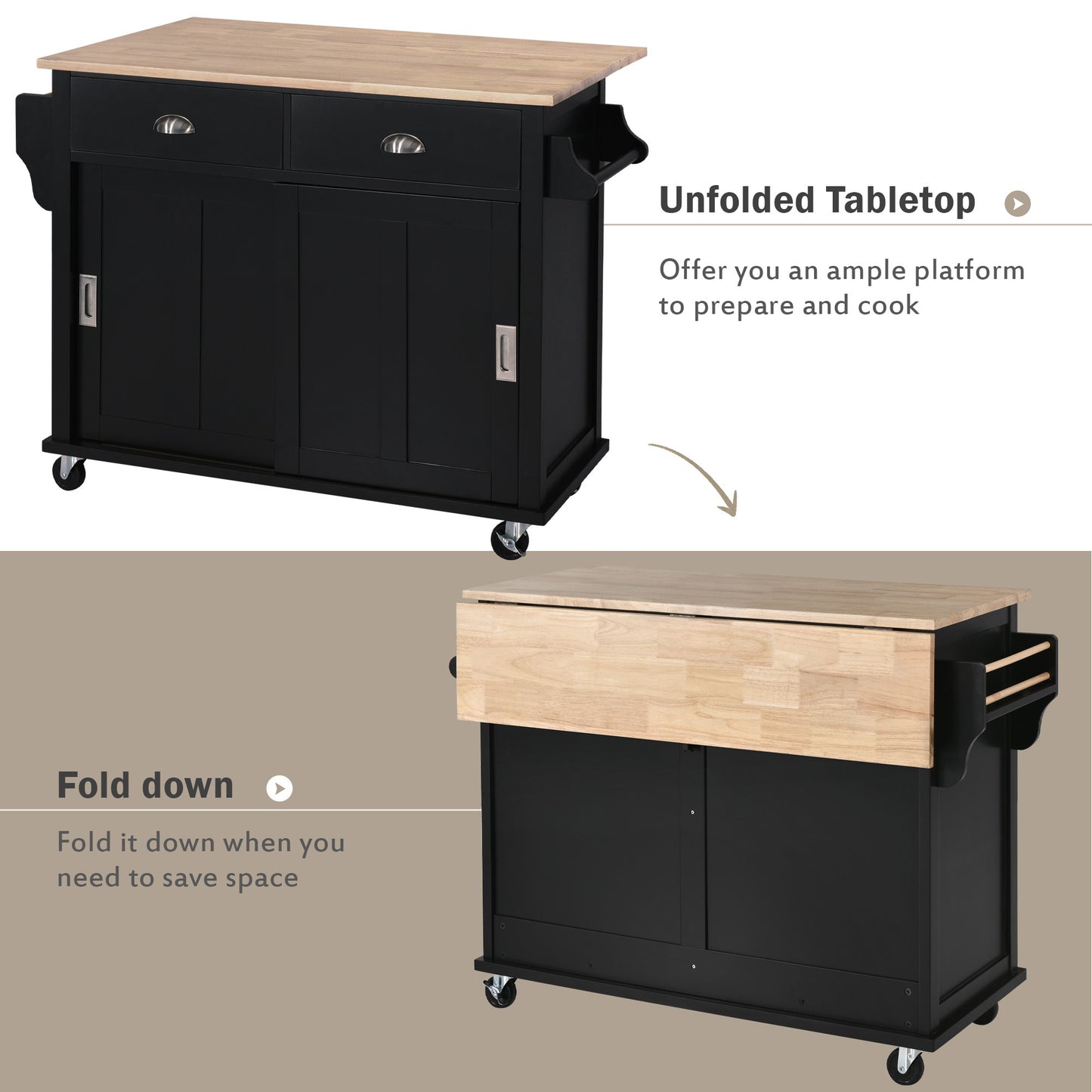 Culinary  Kitchen Cart with Countertop With Barn Door - Black