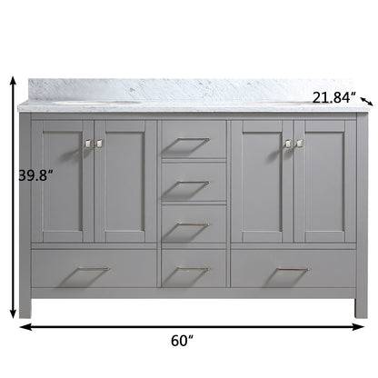 60" Double Bathroom Vanity in Grey with Carrara Marble Top with White Basin