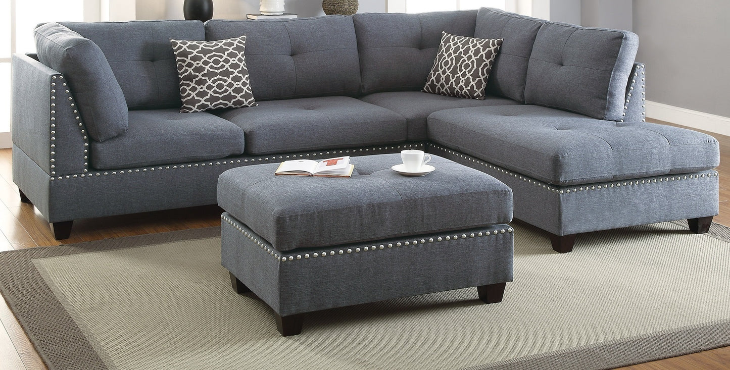 Surya 3pc  Sectional Sofa Polyfiber Cushion Sofa Chaise Ottoman Reversible Couch Pillows - Blue Grey