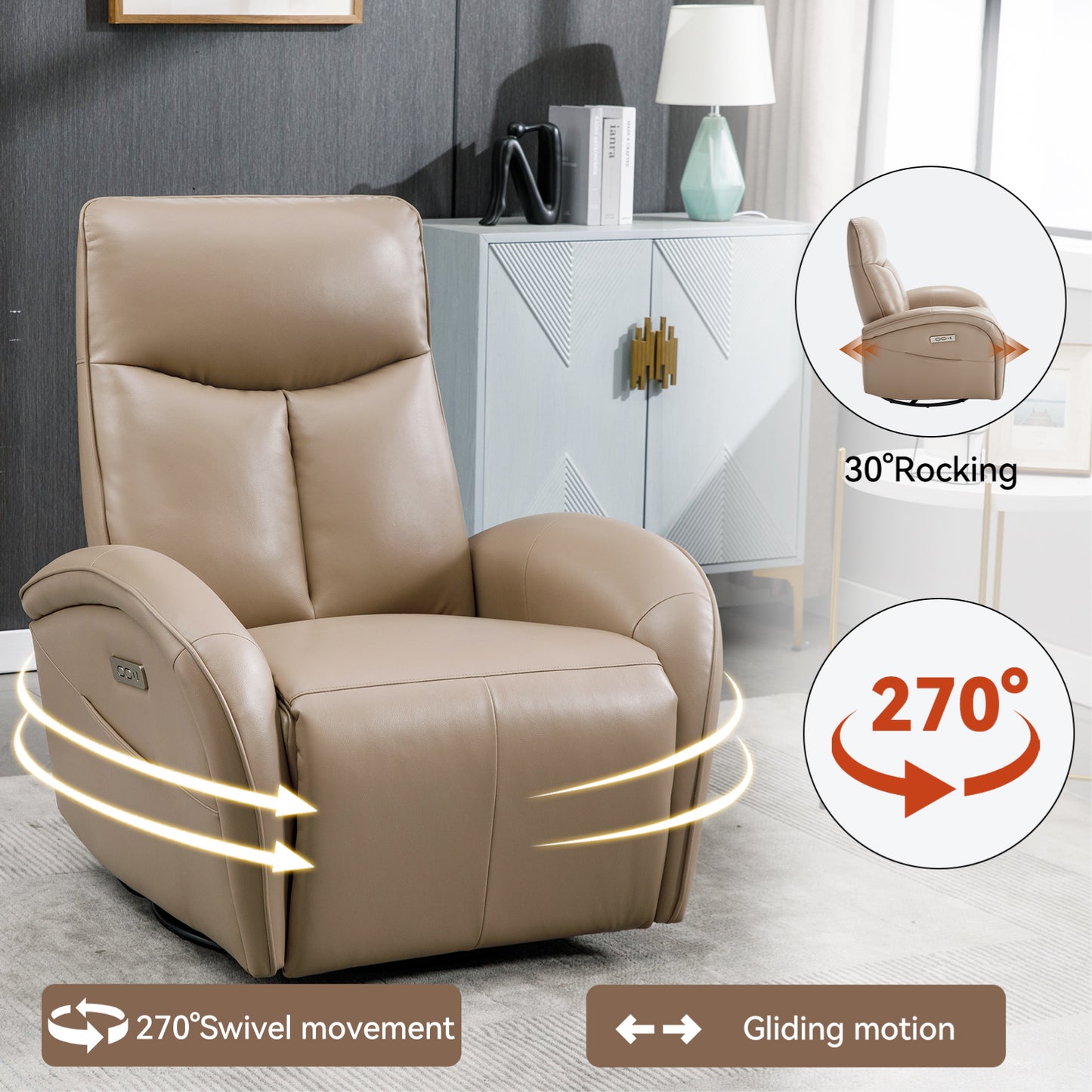 Vince Swivel and Rocker Power Recliner Chair - Light Brown