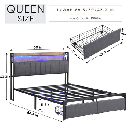 Zinya Queen Size LED Storage Bed - Gray