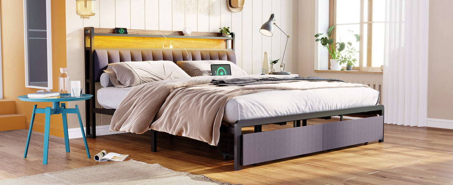 Zinya King Size LED Storage Bed - Gray