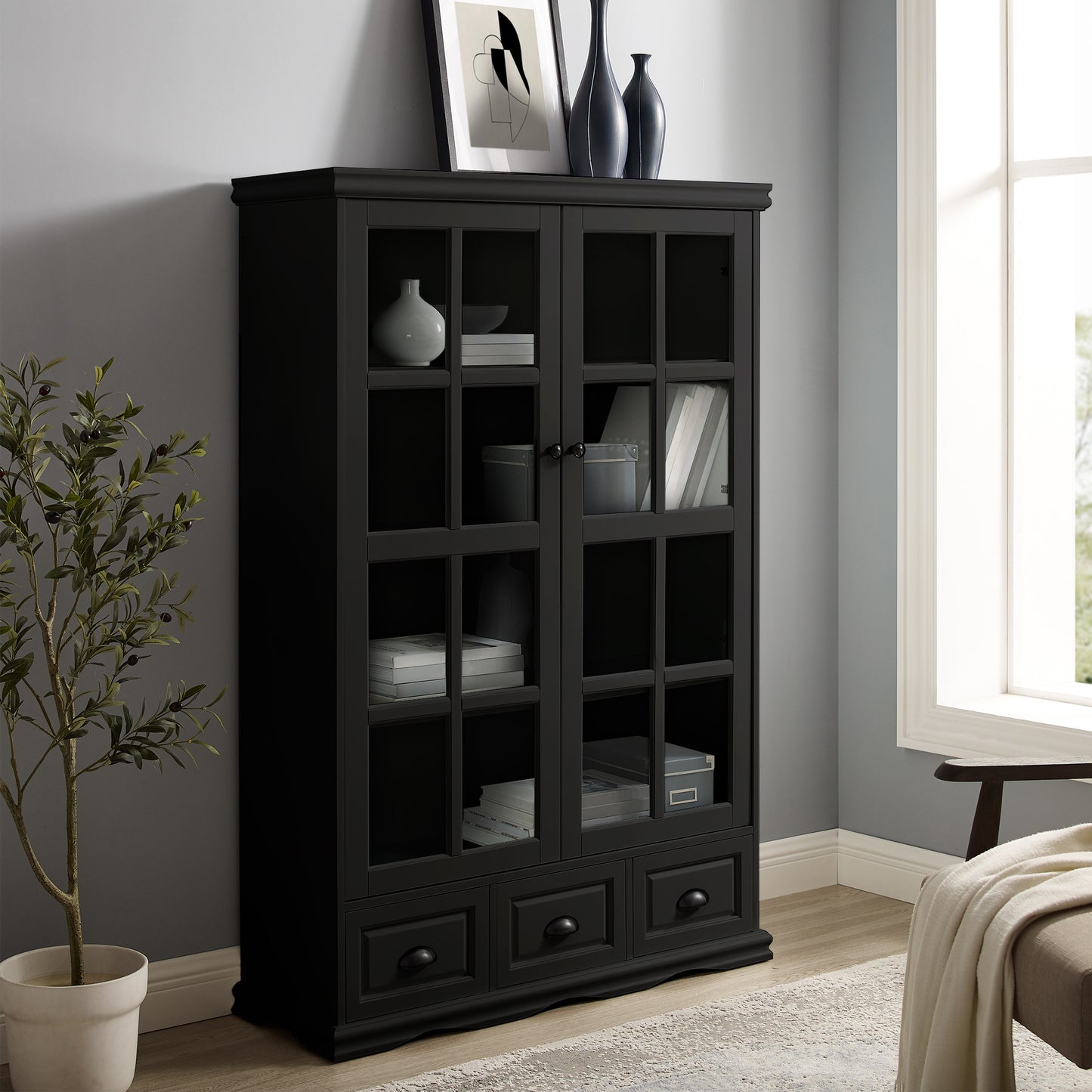 Seno Tempered Glass Doors Curio Cabinet - Black